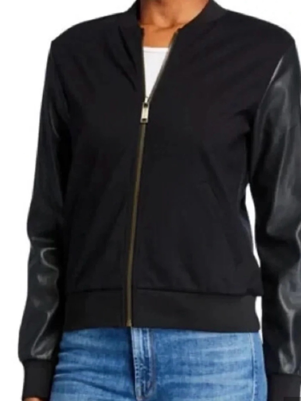 Women’s Michael Kors Black Mixed-Media Bomber with Faux Leather Sleeves Sz Med